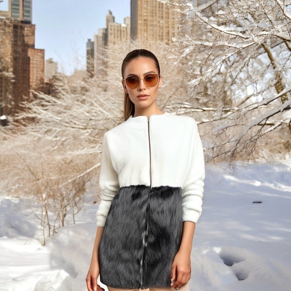 Women's White and Black Faux-Fur Colorblock Coat
